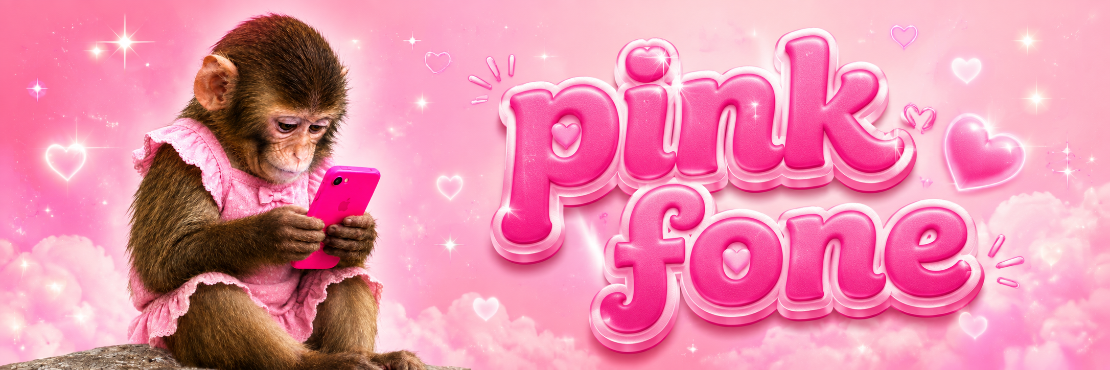 pink fone banner with the ape, candy lettering, hearts, and pink clouds
